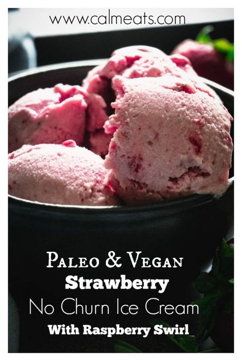 A paleo and vegan alternative to ice cream that will make you swoon! It's creamy, refreshing and perfect for hot summer months (or anytime). Check out this simple food processor ice cream that takes just minutes to make. #veganicecream, #calmeats, #paleoicecream, #strawberryicecream, #vegan, #paleo, #dessert, #healthy #healthyrecipes *swap the honey for low FODMAP cane sugar syrup to keep this recipe low FODMAP! Paleo Strawberry Recipes, Paleo Strawberry Dessert, Food Processor Ice Cream, Paleo Ice Cream No Churn, Paleo Strawberry Ice Cream, Strawberries And Cream Recipe, Vegan Strawberry Ice Cream Coconut Milk, Whole 30 Dessert, Paleo Ice Cream