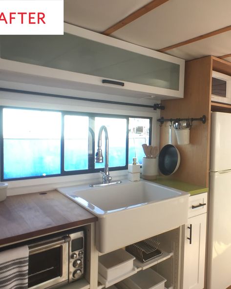 House Boat Renovation, Houseboat Interiors Ideas, House Boat Remodel, Sailboat Interior Remodel, Houseboat Remodel, Houseboat Interiors, Barge Interior Houseboat Living, Houseboat Kitchen, Living On A Boat Houseboats