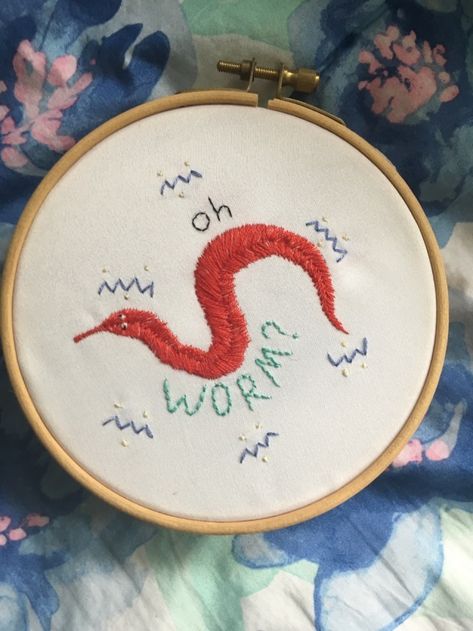 Worm On A String Crafts, Worm Embroidery, Worm On A String, Funny Tattoos, Cross Stitch Funny, Stitching Art, Embroidery Inspiration, Diy Embroidery, Yarn Crafts