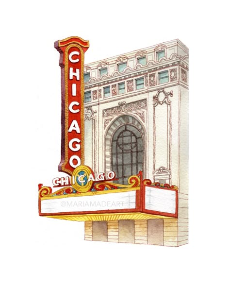 Discover the Captivating Charm of Chicago Theatre Watercolor Print *Are you ready to bring the timeless beauty of Chicago's iconic Theatre into your space? Look no further! This extraordinary Chicago Theatre Watercolor Print, with its meticulous attention to detail and vibrant colors, will undoubtedly enhance your space.  *Impeccable Artistry: The breathtaking details of the Chicago Theatre have been lovingly captured in this art print. MariaMadeArt's original watercolor has been flawlessly repr Chicago Drawing, Chicago Watercolor, Chicago Illustration, Chicago Musical Art, Chicago Theatre, Chicago Travel Poster, Chicago Map Art, Chicago Wall Art Print, Chicago Artwork