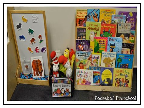 Preschool Library Center, Preschool Reading Center, Preschool Classroom Layout, Preschool Set Up, Preschool Classroom Setup, Preschool Library, Pocket Of Preschool, Library Center, Preschool Rooms