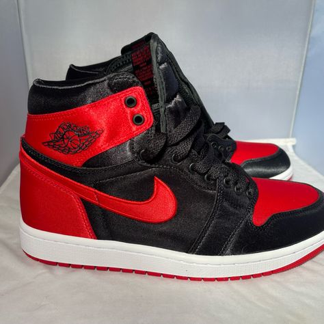 Brand New In Damaged Box. Comes With A Carrying Bag And 2 Sets Of Laces (Black & Red). Gorgeous Satin Fabric! Air Jordan 1 Red And Black Shiny, Red And Black Jordans, Black And Red Sneakers, Air Jordan Retro 1 High, High Heel Boots Outfit, Red Core, Air Jordan Retro 1, Homecoming Week, Nike Air Max Excee