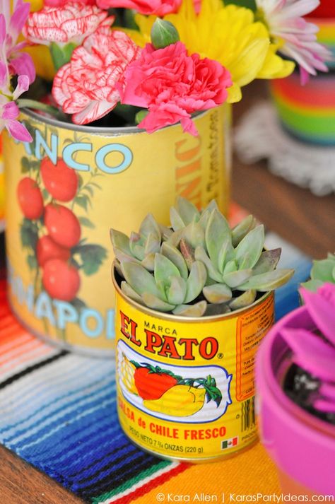 Succulents and food cans! Cinco De Mayo Mexican Fiesta by Kara Allen | Kara's Party Ideas | KarasPartyIdeas.com favors, decor, DIY ideas, recipes and more! Mexican Fiesta Party, Mexican Birthday, Fiesta Theme Party, Mexican Party Theme, Fiesta Theme, Boda Mexicana, 5 De Mayo, Fiesta Birthday, Fiesta Baby Shower