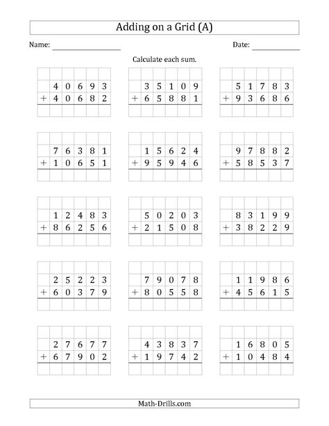 The Adding 5-Digit Plus 5-Digit Numbers on a Grid (A) math worksheet from the Addition Worksheet page at Math-Drills.com. Grade 5 Math Worksheets, Math Facts Addition, Kindergarten Math Worksheets Addition, Math Fact Worksheets, Mental Maths Worksheets, Addition Worksheet, Kindergarten Math Worksheets Free, Kindergarten Addition Worksheets, Math Practice Worksheets