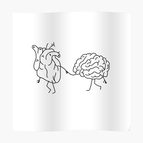 "Line art Heart and brain running hand in hand" Sticker for Sale by adesignworld | Redbubble Brain And Heart Holding Hands Tattoo, Half Heart Half Brain Drawing, Hart And Brain Tattoo, Heart Or Brain Tattoo, Heart And Brain Sketch, Brain Illustration, Brain Tattoo, Hand Sticker, Brain Art