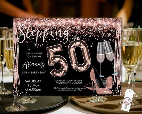 Stepping Into 50 Birthday Invitation Printable Template | Etsy Australia 50th Birthday Invitations For Women, Gold Lights, 50 Birthday, Champagne Party, 50th Birthday Invitations, 40th Birthday Invitations, 50th Party, Party Women, Printable Birthday Invitations