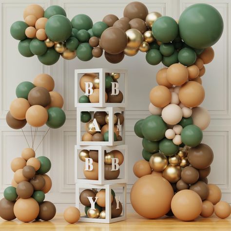 Olive Green Balloon Arch, Green And Brown Balloon Arch, Sage Green And Brown Party Decorations, Green Brown Baby Shower Ideas, Brown And Green Baby Shower Ideas, Olive Green Baby Shower Ideas, Green And Brown Party, Earth Tone Baby Shower Ideas, Woodland Balloon Arch