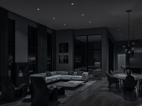 Black Mansion Living Room, Dark Luxury Apartment, Dark Bedroom Furniture Decor Ideas, Black Aesthetic Apartment, Dark Penthouse, Bedroom Inspirations Dark, Black Luxury House, Black Room Design, Black House Interior