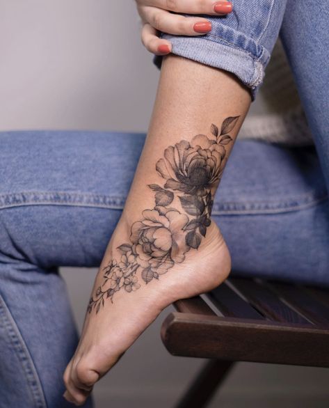 Cover Up Tattoos For Women On Ankle, Leg Tattoos Women Cover Up, Cover Up Tattoos On Ankle, Ankle And Calf Tattoo, Peony Ankle Tattoos For Women, Full Ankle Tattoo, Big Ankle Tattoo Cover Up, Large Ankle Tattoo Cover Up, Coverup Ankle Tattoo