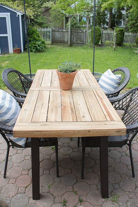 How To Restore Wooden Outdoor Furniture - The Honeycomb Home Wooden Outdoor Table Diy, Outdoor Table Ideas, Outdoor Wooden Table, Cottage Landscaping, Yoga Deck, Wooden Outdoor Table, Outdoor Wood Table, Wood Patio Table, Diy Patio Table