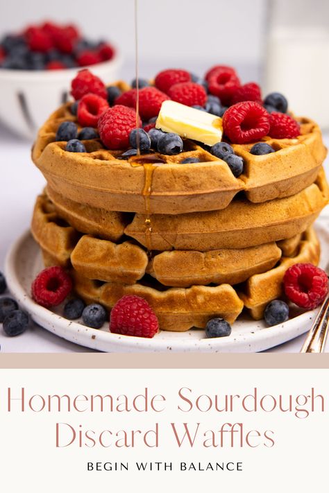 If you're looking for a way to use up your excess sourdough starter, these sourdough discard waffles are perfect for you! Top these crispy waffles with maple syrup and fresh berries for a tasty & simple breakfast. Sourdough Discard Waffles Overnight, Sourdough Discard Belgian Waffles, Sourdough Belgian Waffles, Sourdough Discard Protein Waffles, Sourdough Discard Waffle Recipes, Sourdough Waffles Discard, Sourdough Discard Waffles, Discard Waffles, Sourdough Waffle Recipe