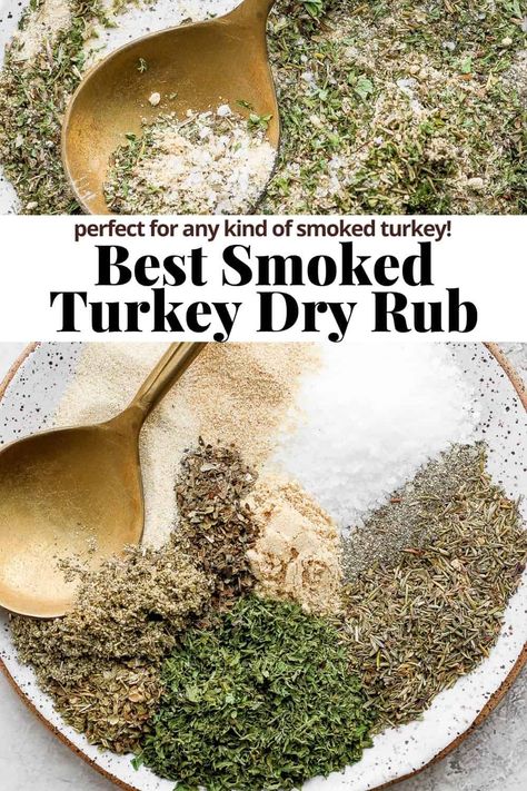 Smoked Turkey Dry Rub - a delicious smoked turkey dry rub recipe with all the classic flavors! Perfect for turkey breast, whole turkeys, etc.! #smokedturkeydryrub #smokedturkydryrubrecipes #smokedturkeydryrubrecipesthanksgiving #smokedturkeyrecipesdryrubs #dryrubforsmokedturkey Turkey Rub For Thanksgiving, Perfect Turkey Seasoning, Seasoning For Smoked Turkey, Best Turkey Dry Rub, Treager Smoked Turkey Recipes, Turkey Brine Dry Rub, Herb Rub For Turkey, Smoked Pulled Turkey, Dry Brine Smoked Turkey Recipes