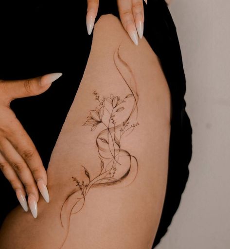 Cute Thigh Tattoos, Earthy Tattoos, Wrap Around Tattoo, Tattoos To Cover Scars, Cross Tattoos For Women, Hip Tattoos Women, Spine Tattoos For Women, Thigh Tattoos Women, Classy Tattoos