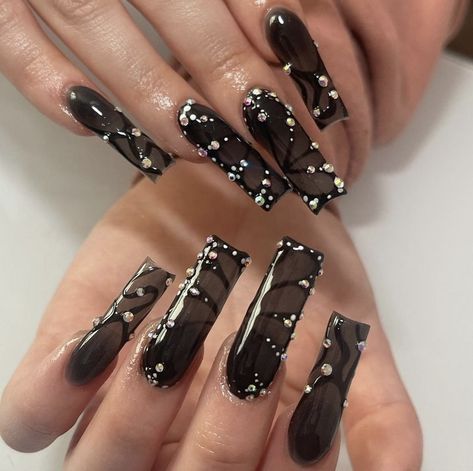 Black Butterfly Nails, Black Marble Nails, Long Black Nails, Black Ombre Nails, Solar Nails, Nails Valentines, Butterfly Nails, Black Acrylic Nails, Nail Effects