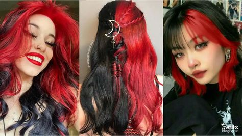 Red and Black Hair: 10 Ideas For Confident Ladies Black With Red Halo Hair, Top Half Black Bottom Half Red Hair, Black With Red Peekaboo Hair, Red On Top Black On Bottom Hair, Red And Black Hair Color Ideas, Red On Black Hair, Red Hair With Black Underneath, Red And Black Hairstyles, Black And Red Hair Ideas