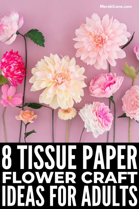 8 Tissue Paper Flower Crafts for Kids & Adults | There are tons of things you can make with tissue paper for any season and occasion. Flowers are often a popular choice as they are so easy to make, with endless possibilities when it comes to design and color. Whether you're looking for easy indoor art projects for kids in preschool, or you are looking for more advanced decoration ideas to make yourself, this post has tons of tissue paper craft tips, ideas & links to tutorials to inspire you! Making Flowers From Tissue Paper, Tissue Flowers Diy Easy, Streamer Flowers Diy, Tissue Flowers Diy, Easy Paper Flowers Simple, Tissue Paper Decorations Diy, Paper Tissue Flowers, Paper Flower Crafts For Kids, Streamer Flowers