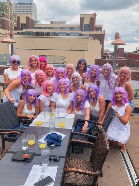 wig bachelorette birthday party girls college colorful Wig Bachelorette Party Ideas, Wig Bachelorette Party, Wig Bachelorette, School Spirit Days, Cowgirl Bachelorette Parties, Pink Bachelorette, Bff Halloween Costumes, Cowgirl Bachelorette, Disco Cowgirl