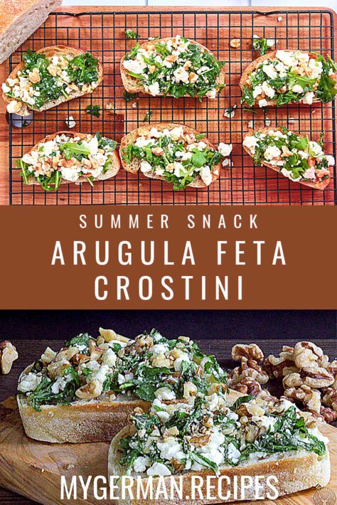 Arugula Appetizer, Feta Crostini, Feta Crostini Appetizers, Whipped Feta Crostini Appetizers, Bruchetta Appetizers With Feta, Sweet And Spicy Whipped Feta Crostini, Crostini Toppings, Ciabatta Roll, Crostini Appetizers