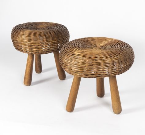 For sale: Pair of Wicker Stools by Tony Paul, 1950s Kitchenware Design, Gino Sarfatti, Artists Studio, Osvaldo Borsani, Bench Stool, Gio Ponti, Vintage Wicker, Wooden Crates, Design Gallery