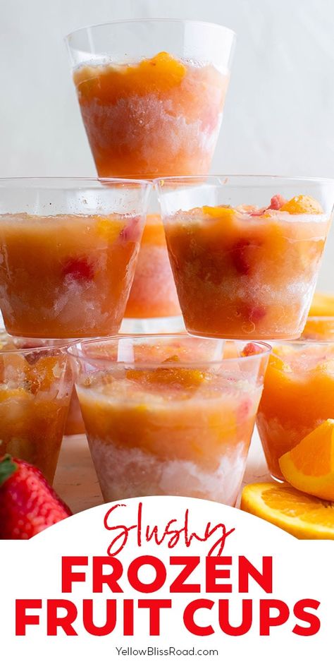 Frozen fruit cups are a classic, refreshing snack with loads of fruit suspended in an icy slush. With oranges, pineapple, peaches and bananas. Slushy Frozen Fruit Cups, Frozen Fruit Salad Cups, Frozen Fruit Slushies, Frozen Fruit Cups With Orange Juice, Canned Fruit Cocktail Recipes, Frozen Fruit Salad Recipes, Freeze Cups, Frozen Fruit Cocktails, Frozen Fruit Cups