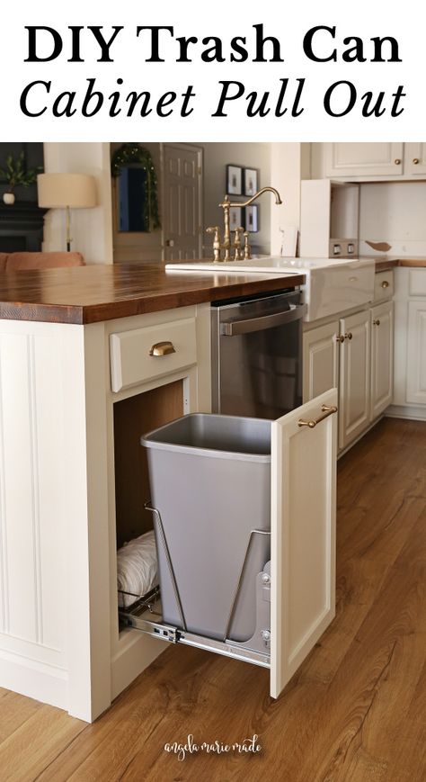 Learn how to easily install a DIY pull out trash can cabinet and about the different DIY trash can cabinet options! A DIY pull out trash can cabinet is a small kitchen upgrade with a big impact! Diy Trash Can Cabinet, Pull Out Trash Can Cabinet, Diy Trash Can, Can Cabinet, Pull Out Trash Cans, Trash Can Cabinet, Kitchen Peninsula, Cabinet Options, Diy Shiplap