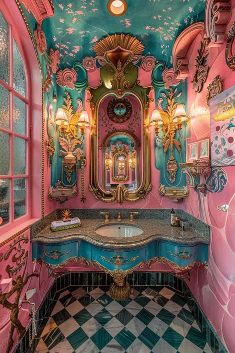 Steam Punk Bathroom, Rococo Bathroom, Train Bathroom, Boho Maximalist Decor, Funky Bathrooms, Steampunk Bathroom, Paris Bathroom, Steampunk Interior, Rococo Interior