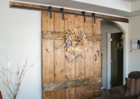 This Wide Rustic Barn Door is 6 feet wide & made for extra large doorways. It's incredibly simple to make & adds functionality & rustic charm to your home. Rolling Doors, Barn Door Projects, Indoor Barn Doors, Barn Door Ideas, Building A Barn Door, Door Plan, Rolling Barn Door, Barn Door Designs, Diy Barn