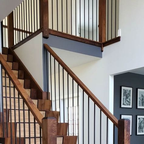 Rubio Monocoat USA on Instagram: "Swipe to take a closer look at this unique staircase! 👉 @floormasterco expertly crafted this modern staircase from zebrawood, wenge, and walnut! It was finished using two different Oil Plus 2C options: "Pure" on the zebrawood, and "Walnut" on the wenge and walnut wood! For more information about this amazing project, head over to the link in our bio and click on the "Gallery" tab! #rubiomonocoat" Walnut Stairs, Unique Staircase, Black Railing, Rubio Monocoat, Modern Staircase, Zebra Wood, Dark Walnut, Railing, Walnut Wood