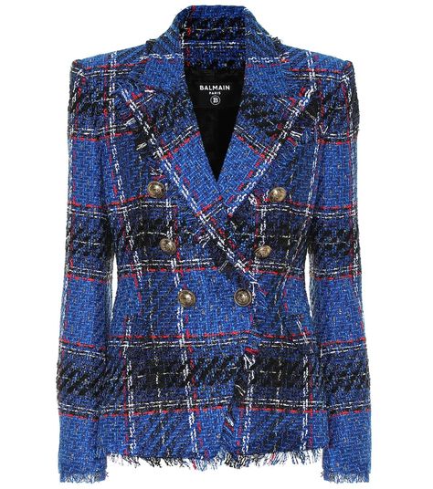 Tartan Blazer, Balmain Blazer, Suit Jackets For Women, Blue Tartan, Blue Tweed, Blazer Designs, Blazer Outfits, Tweed Blazer, Double Breasted Blazer