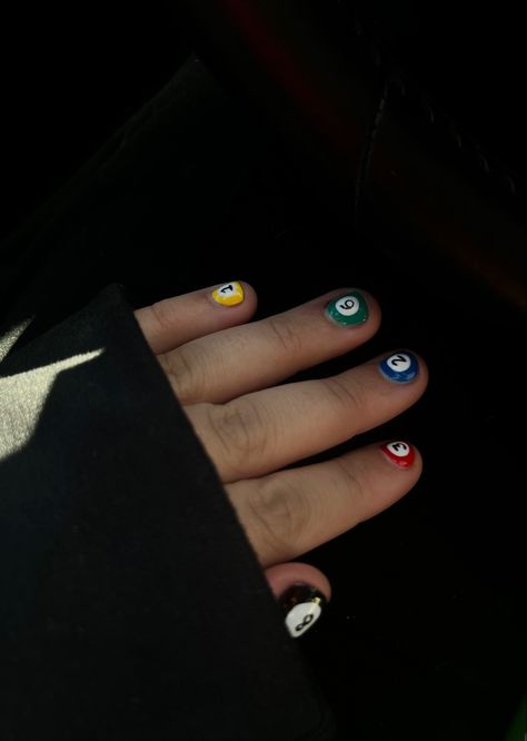 Poor ball nail art on short nails Short Male Nail Designs, Mens Painted Nails Designs, Pool Ball Nail Designs, Simple Nail Designs For Guys, Pool Balls Nails, 8ball Nails Men, Short Men’s Nails, 8 Ball Nails Men, 8 Ball Nails Short