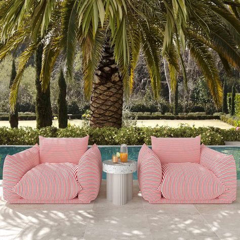 Meet Saint Tropez's bolder, outdoor counterpart. The striped Saint Tropez chair adds another layer of fun and flexibility to your life. Outdoor Armchair, Round Side Table, Saint Tropez, Performance Fabric, Outdoor Design, Patio Chairs, Tulum, Outdoor Seating, Outdoor Patio