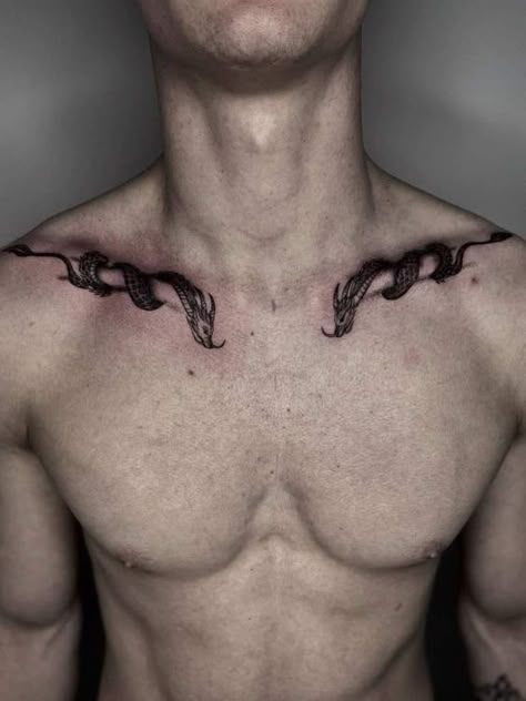 Best dragon tattoo designs for men 2024 16 ideas Dragon Collar Bone Tattoo, Dragon Tattoo Designs For Men, Collar Bone Tattoo For Men, Clavicle Tattoo, Dragon Tattoos For Men, Small Chest Tattoos, Simple Tattoos For Guys, Horoscope Tattoos, Forearm Band Tattoos