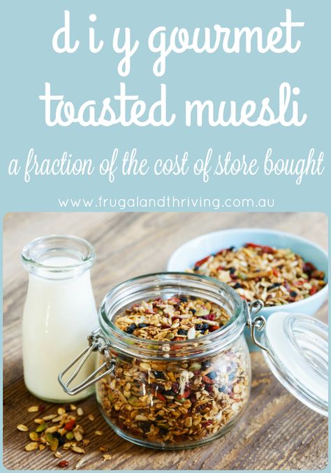 Start the morning off right with this frugal toasted muesli recipe. Homemade muesli is healthier than store bought cereals and you can customise it to suit. Muslei Cereal, Toasted Muesli Recipe, Toasted Muesli, Gourmet Toast, Muesli Recipe, Homemade Muesli, Cooked Breakfast, Healthy Homemade, Basic Recipes