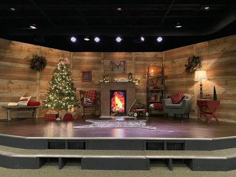 Stage Set Design Christmas, Christmas Stage Decorations, Christmas Nativity Images, Christmas Stage Design, Fireplace Video, Church Stage Design Ideas, Church Christmas Decorations, Stage Designs, Christmas Stage