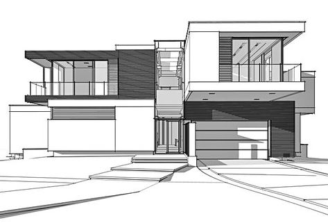 Villa Drawing Architecture, Villa Elevation Drawing, Modern House Perspective, Modern House Drawing Sketches, Modern House Design Drawing, Mansion Sketch, Villa Sketch, Modern House Drawing, Modern House Sketch