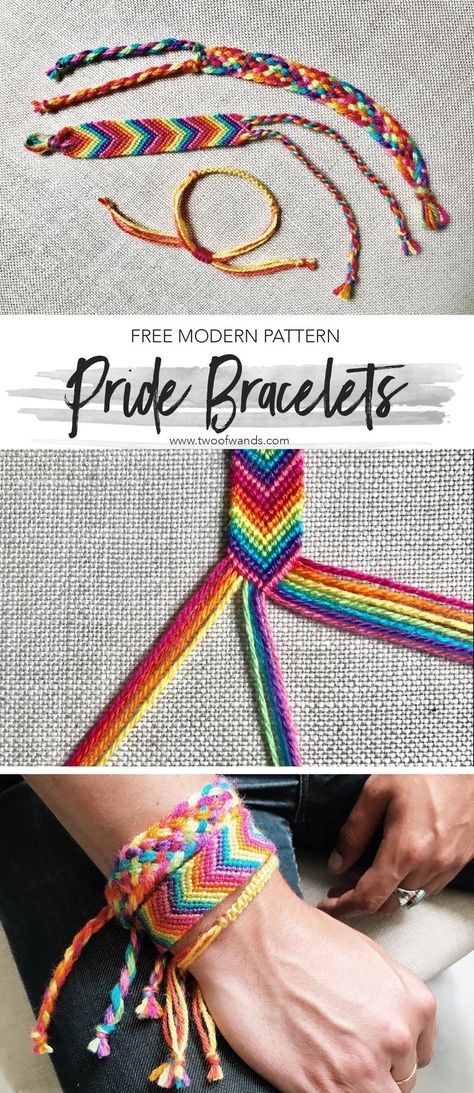 Three free tutorials for a knotted chevron bracelet, 8 strand woven braid bracelet, and adjustable square knot bracelet using Lion Brand Bonbons in celebration of Pride month. 8 Strand Friendship Bracelet, Woven Bracelets Diy, Braiding Bracelets Diy, Pride Accessories Diy, Woven Bracelets Tutorial, How To Make A Chevron Bracelet, How To Make Braided Bracelets, Braided Bracelets Tutorial, Chevron Bracelet Tutorial