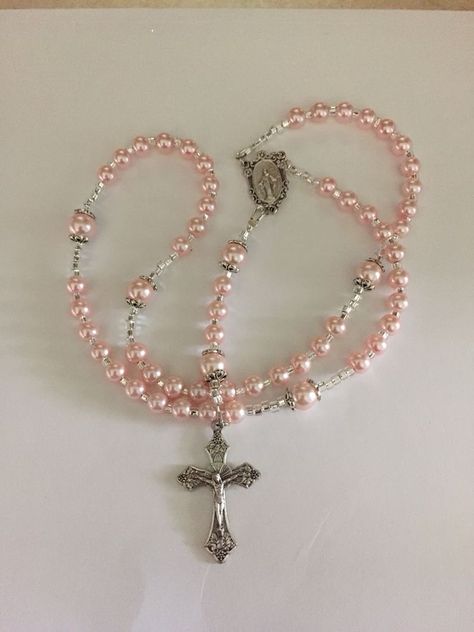 Pink Rosary Aesthetic, Rosary Necklace Aesthetic, Pink Rosary, Our Father Who Art In Heaven, Handmade Rosary, Hat Aesthetic, Pearl Rosary, Rosary Necklace, Dream Gift