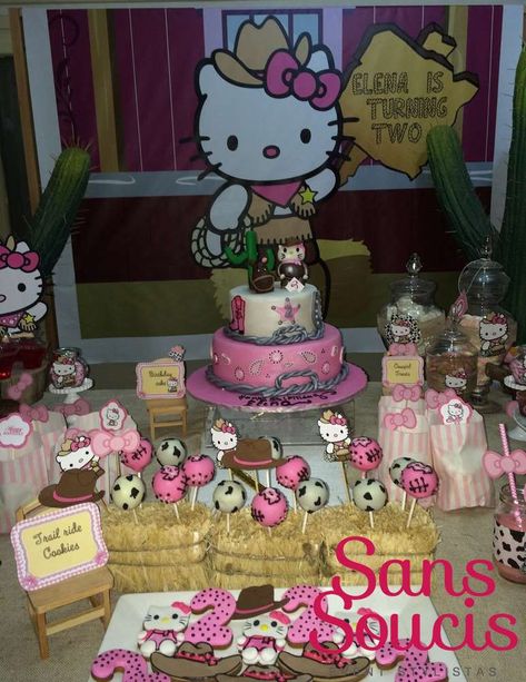 Elena's Western Hello Kitty Birthday Bash | CatchMyParty.com Mexican Cowgirl Birthday Party, 21st Birthday Ideas Hello Kitty, Hello Kitty Cowgirl Party, Cowgirl Hello Kitty, Vaquera Birthday Party, Hello Kitty Vaquera, Hello Kitty Cowboy, Hello Kitty Cowgirl, Kue Hello Kitty