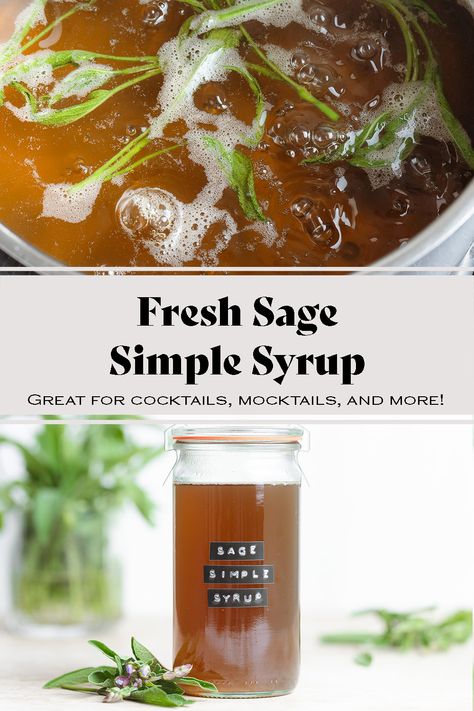 This Sage Simple Syrup is easy to make and it has an amazing herbal flavor, perfect for to any cocktails, mocktails, sodas, teas, and other drinks! It has only 3 ingredients and it comes together in as little as 15 minutes! It's perfect for the holidays and any party. Lavender Simple Syrup Recipe, Sage Simple Syrup, Lavender Simple Syrup, Thyme Simple Syrup, Simple Syrup Recipe, Simple Syrup Cocktails, Mint Simple Syrup, Breakfast Appetizers, Baked Peach