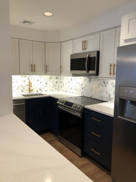 White Upper Kitchen Cabinets Navy Blue Lower, Kitchen Remodel Navy And White, Two Toned Kitchen Cabinets Navy And White, Navy Blue Kitchen Cabinets Black Pulls, Navy And Cream Kitchen, Navy Blue Kitchen Cabinets Farmhouse Tile, Navy And White Kitchen, Navy Blue Kitchen, Cream Kitchen