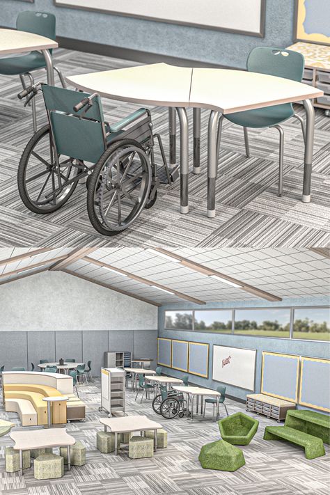 The Americans with Disabilities Act (ADA) requires schools to provide accessible and inclusive learning spaces for students, parents, and employees who have a physical or mental impairment or disability of any level of severity. To meet ADA requirements, schools must meet a minimum standard of accessibility for facilities and make accommodations for students’ individual educational needs. #MiEN #k12education #learning #schooldesign #collaboration #students #teachers #softseating #ADA School Facilities, Student Chair, Classroom Tables, Inclusive Education, Multipurpose Table, Inclusion Classroom, Accessible Bathroom, Social Design, The Americans