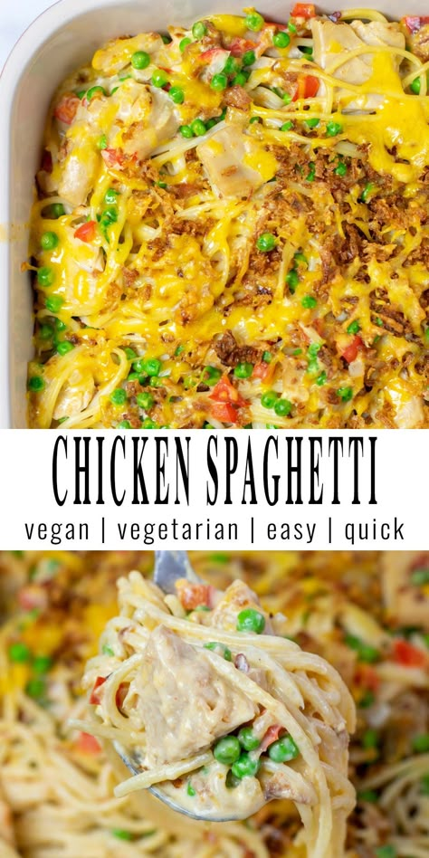 Chicken Spaghetti Non Dairy Chicken Spaghetti, Chicken Spaghetti Dairy Free, Vegan Chicken Spaghetti Recipe, Dairy Free Chicken Spaghetti Recipe, 20 Minute Plant Based Meals, Vegetarian Chicken Spaghetti, Casserole Recipes For Dinner Dairy Free, Vegan Chicken Tetrazzini, Vegan Chicken Noodle Casserole