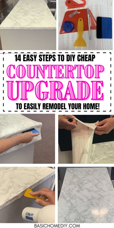 14 simple steps to DIY cheap contact paper countertop upgrade tutorial. Perfect for your butcher block, desk, kitchen countertops, or bathroom, this budget-friendly home makeover comes in granite, white, or faux marble. This budget home upgrade idea is a simple peel-and-stick solution to cover old countertops in a rental, camper, small kitchen, or apartment. Get a detailed tutorial to guide you through the installation process with before and after pictures. Diy Contact Paper Countertops, Cheap Countertop, Kitchen Counter Diy, Contact Paper Countertop, Peel And Stick Countertop, Butcher Block Desk, Cheap Kitchen Makeover, Faux Marble Countertop, Kitchen Design Countertops