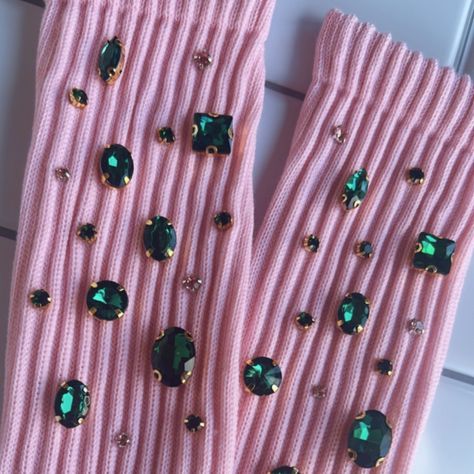 Pink Slouch Socks With Green Gemstones .. Aka Shine From Head To Toe !! Women’s One Size Pink Slouch Socks, Junk Socks, Bling Socks, Crystal Socks, Aka Apparel, Bedazzled Shoes Diy, Aka Sorority Gifts, Trendy Socks, Embroidered Socks