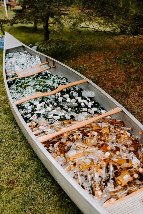 Wedding Beer Station, Beer Canoe, Wedding Keg, Outdoor Wedding Foods, Canoe Wedding, Wedding Drinks Reception, Wedding Drink Station, Lake Placid New York, Food Truck Wedding