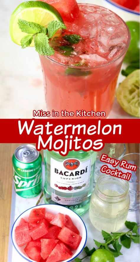 Cosmos Cocktail, Watermelon Alcoholic Drinks, Rum Simple Syrup, Watermelon Mojito Recipe, Rum Cocktails Easy, Simple Cocktails, Ripe Watermelon, Rum Drinks Recipes, Yummy Cocktails