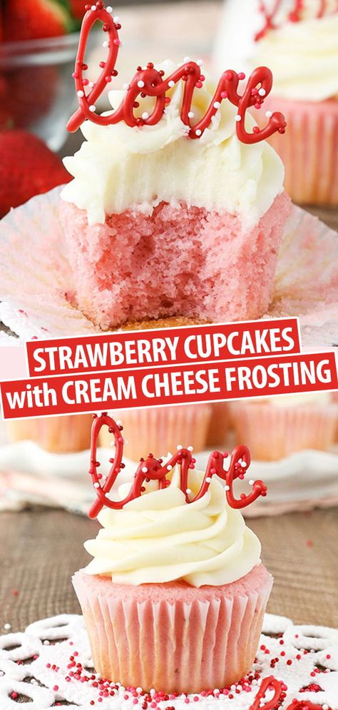 Strawberry Cupcakes With Cream Cheese, Strawberry Cupcake Recipes, Life Love And Sugar, Frost Cupcakes, Cupcakes Strawberry, Cupcake Cream, Cupcakes With Cream Cheese Frosting, Strawberry Cupcakes, With Cream Cheese Frosting