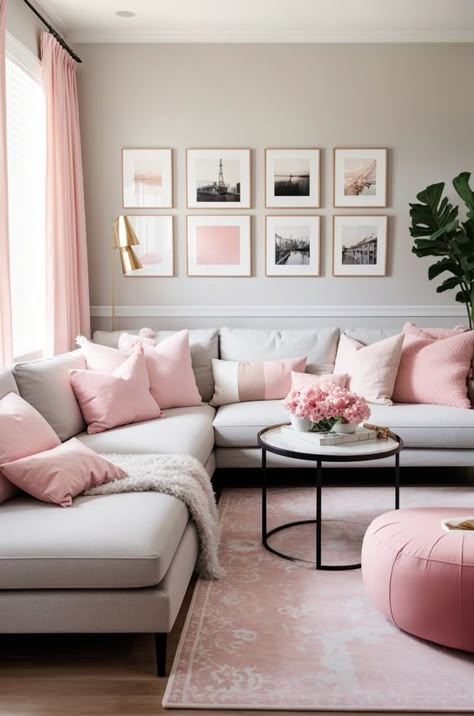 Grey And Blush Pink Living Room Interior Design, Pink Grey Living Room Decor, Light Pink Interior Design, Pink Grey Living Room, Grey And Pink Living Room, Blush Pink Living Room Ideas, Blush Pink Living Room, Living Room Pink, Cream Living Rooms