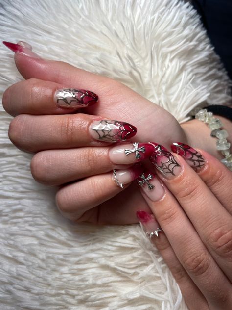 Chrome Ombre Nails, Ombre Nails, Spider Web, Almond Nails, Red Nails, Makeup Nails, Black Red, White Black, Hair Makeup