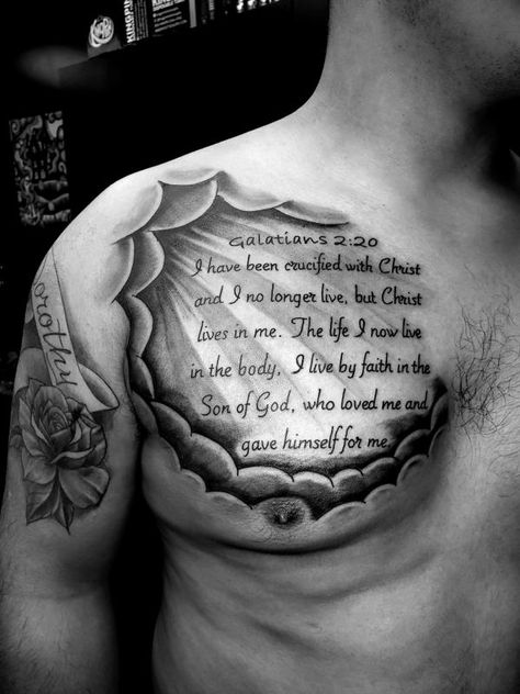 Galatians 2 20 Bible verse chest tattoo for men Verse Tattoos For Men, Bible Verse Tattoos For Men, Chest Tattoo Quotes, Lion Chest Tattoo, Chest Tattoos For Men, Collar Bone Tattoo For Men, 20 Tattoo, Tattoo On Chest, Scripture Tattoos